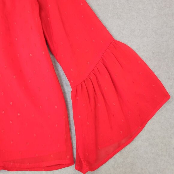 Sunsets & Sweet Tea M Red Chiffon 3/4 Sleeve Ruffle Frill Lined Blouse Top Night - Picture 5 of 12